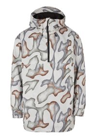 Anorak-Jacke aus leichtem Material mit weißem Grund und abstraktem Tarnmuster in Grau, Braun und Grün. Mit halbem Reißverschluss und Kapuze.
