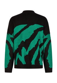 Czarna i zielona dzianinowa sweter z abstrakcyjnymi, falistymi czarnymi paskami na ciele i rękawach, ściągacze przy mankietach i u dołu.