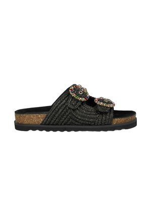 Black rope sandals with dual floral accents, cork midsole, and textured outsole. Features colorful gems on the straps.