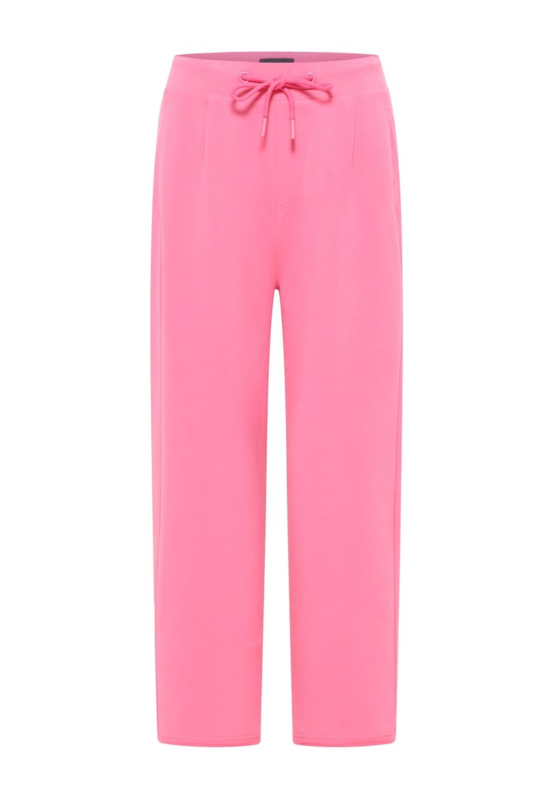 Růžové tepláky s šňůrkou v pase, rovný střih a hladká textura. Obsahují boční kapsy a minimální švy.