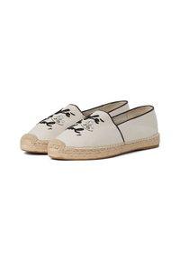 Off-white színű vászon espadrille, fekete körvonalakkal és hímzett részletekkel. Juta kötél talppal és lekerekített orrkialakítással rendelkezik.