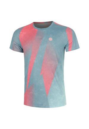 Sportshirt met korte mouwen met een lichtblauw en koraal abstract bliksemschichtpatroon en een klein rond logo op de borst.
