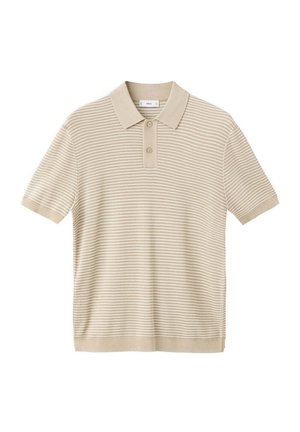 Polo a maniche corte a righe beige e bianco con due bottoni e colletto, polsini e orlo a costine, distesa su sfondo bianco.