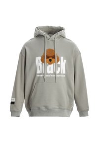 Sudadera gris con un bolsillo canguro, que presenta un gráfico de un perro marrón esponjoso y un texto en blanco en negrita que dice "Black" en el frente.