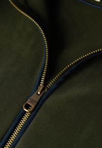 Giacca in pile verde con zip dorata e bordi blu scuro, che mette in risalto una texture liscia e una vista ravvicinata dei dettagli della zip.