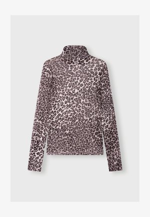 Długi rękaw golf w jasnoróżowym kolorze z wzorem w panterkę. Miękka tkanina o gładkiej strukturze i dopasowanym kroju.