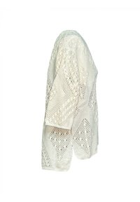 Cardigan beige in maglia, aperta davanti, con intricati motivi in pizzo, vestibilità ampia e maniche a tre quarti. Tessuto testurizzato dall'aspetto morbido.