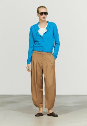 Femme debout portant des lunettes de soleil noires, un cardigan bleu boutonné sur une chemise blanche, un pantalon marron ample et des chaussures noires sans lacets sur un sol gris.