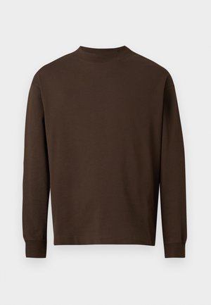 Brown long-sleeve shirt made of soft fabric, featuring a crew neckline and straight cut with no visible patterns or hardware.
