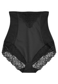 Zwarte high-waisted shapewear met kantaccenten op de beenopeningen en een gladde textuur, ontworpen voor ondersteuning en comfort.