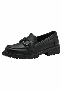 Black leather loafers with textured surface, prominent metallic hardware accent on the front, and a chunky rubber sole with ridges.