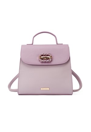 Borsa a tracolla in pelle viola con design strutturato, dotata di manico superiore, tracolla rimovibile e chiusura a scatto dorata.