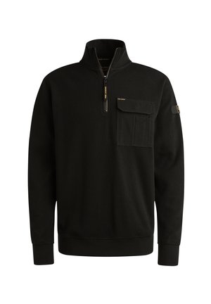 Pull à col zippé noir en tissu texturé. Présente une poche poitrine et des poignets côtelés. Design simple avec des accents minimes.