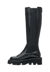 Black knee-high boot made of smooth leather with elastic side panels, chunky platform sole, and textured tread. Features a back zipper.