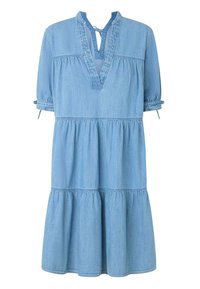 Ljusblå denimklänning med V-ringning, korta uppvikta ärmar, flerfaldig kjol och subtil dekorativ sömnad längs sömmarna.