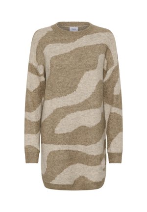 Beige knit sweater featuring an abstract light brown pattern, long sleeves, a round neckline, and a relaxed fit. Textured fabric with visible seams.
