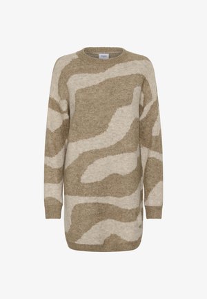 Beige knit sweater featuring an abstract light brown pattern, long sleeves, a round neckline, and a relaxed fit. Textured fabric with visible seams.