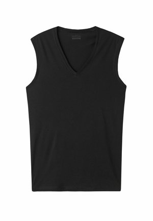 Sort ærmeløs V-hals T-shirt lavet af blødt bomuldsstof med en glat overflade og en standard pasform. Ingen mønstre eller synligt hardware.