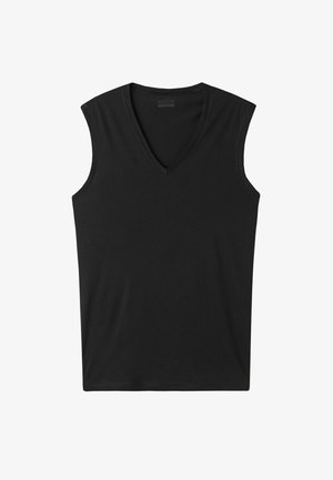 Zwarte mouwloze V-hals T-shirt gemaakt van zachte katoenstof met een gladde textuur en een standaard pasvorm. Geen patronen of zichtbare hardware.