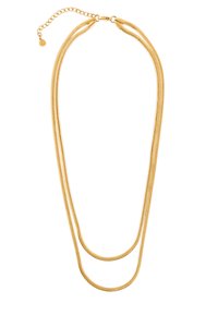 Złoty naszyjnik wielowarstwowy z dwoma gładkimi, zaokrąglonymi łańcuszkami. Posiada zapięcie i regulowany łańcuszek pozwalający na zmianę długości.