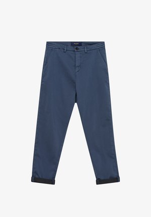 Marineblaue Freizeit-Hosen mit Knopf- und Reißverschluss, Gürtelschlaufen, Seitentaschen und umgeschlagenen Säumen an den Knöcheln.