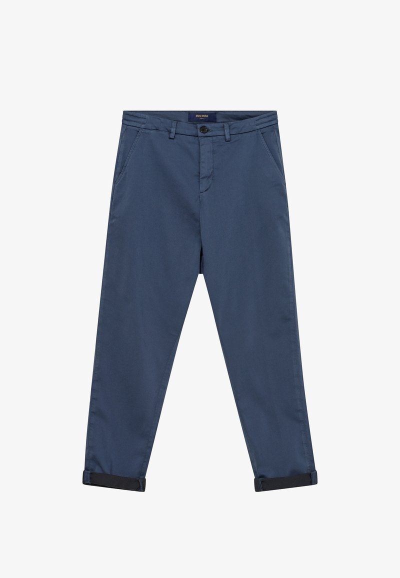 Mørkeblå afslappede bukser med knap- og lynlåslukning, bæltestropper, sidelommer og opfoldede manchetter ved anklerne.