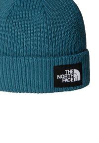 Teal ribbet strikket hue med ombuk og et sort mærke med en hvid logo. Fremstillet af blødt, tekstureret stof, der er egnet til koldere vejr.
