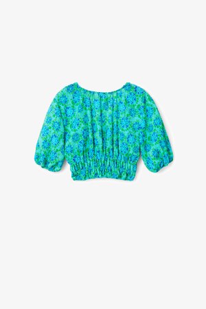 Kortekorte crop top in blauw en groene bloemenprint. Gemaakt van lichte stof met een smocked zoom en een gestructureerd oppervlak.