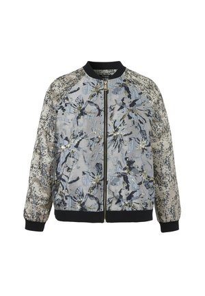 Hellblau-beige Bomberjacke mit schwarzen Bündchen, schwarzem Kragen, Frontreißverschluss und floralem abstraktem Muster mit metallischen Akzenten.