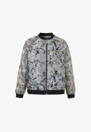 Light blue and beige bomber jacket with black cuffs, black collar, front zipper, and floral abstract pattern with metallic accents.