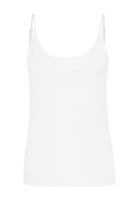 White camisole top with thin adjustable straps, made of smooth cotton fabric, featuring a simple, fitted design and rounded neckline.