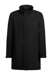 Black mid-length coat with high collar, concealed front zipper, and long sleeves, designed for cold weather.