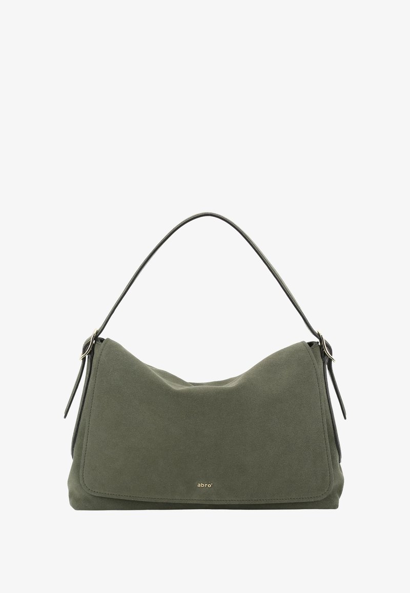Green suede handbag with a curved design, top handle, and a magnetic flap closure. Features subtle logo detailing on the front.