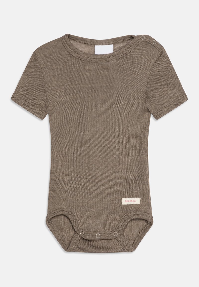 Bodysuit za bebe kratkih rukava u maslinasto zelenoj boji. Napravljen od teksturirane tkanine s kopčama na dnu i malom etiketom sa strane.