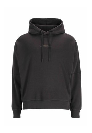 Zwarte hoodie met een trekkoord aan de voorkant en kleine "CHASIN'" tekst gecentreerd op de borst, ribgebreide manchetten en zoom.