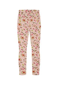 Des leggings en tissu doux présentent un fond rose avec un motif floral et en cœur en rouge, jaune et vert, conçus pour le confort et l'ajustement.