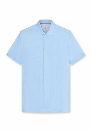 Chemise bleu clair à manches courtes avec col classique, boutons sur le devant et texture de tissu lisse et unie.