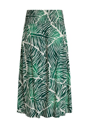 Knælang nederdel med grønne og hvide tropiske bladmønstre og bred elastisk taljebånd.