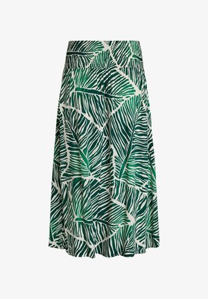 Kelio ilgio sijonas su žalios ir baltos spalvos tropinių lapų raštu bei plačia elastine juosmens juosta.