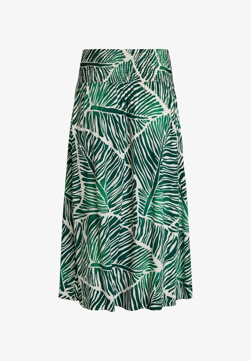 Rok tot de knie met groen-wit tropisch bladerenpatroon en brede elastische tailleband.