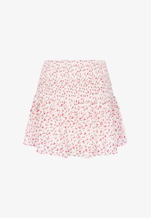 Weißer Minirock mit kleinem rot-grünem Blumenmuster, tailliertem Bund und ausgestelltem Rüschensaum.