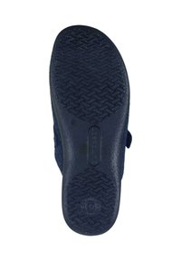 Schuhsohle aus dunkelblauem Gummi mit einem strukturierten Grippmuster, das ein erhabenes Logo und glatte Akzente entlang der Kanten aufweist.