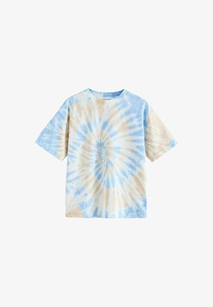 Majica s kratkim rukavima i okruglim izrezom, s plavim i bež spiralnim tie-dye uzorkom na bijeloj pozadini, prikazana ravno.