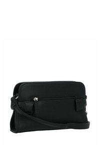 Borsa a tracolla nera in pelle con finitura testurizzata, dotata di una tasca frontale con zip, tracolla regolabile e dettagli in pelle liscia.