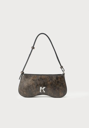 Small brown distressed leather shoulder bag with adjustable strap and silver "K" logo on front center.