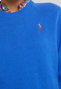 Nära bild av en person som bär en blå tröja med en flerfärgad rutig skjorta under och en Polo-logotyp broderad på bröstet.