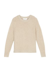 Pull en tricot beige à col rond, à manches longues et avec un ourlet côtelé. Texture douce, coupe décontractée, sans motifs ni embellissements.