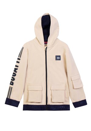 Felpa beige con cappuccio e zip, due tasche frontali con pattina, scritta nera "Bugatti" sulla manica sinistra e rifiniture nere con il marchio "Bugatti" su polsini e orlo.