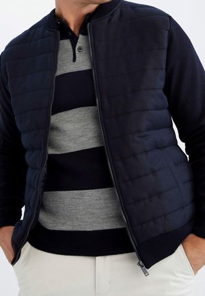 Mand iført navy quiltet jakke over grå og navystribet sweater med beige bukser, hænderne i lommerne.