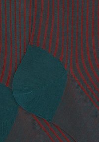 Gestreifte Socken aus dunkelgrauem Stoff mit roten Linien, akzentuiert mit einem türkisfarbenen Fersen- und Zehenbereich, gefertigt aus weichem, strukturiertem Material.